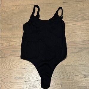 Fashion Nova Black Ribbed Scoop Bodysuit with Adjustable Straps